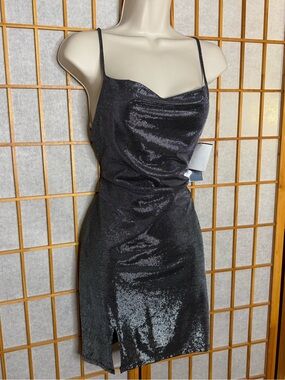Metallic Black Sequin Cowl Neck Mini Dress